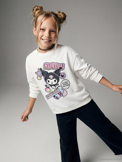 LCW Kids Beyaz Bisiklet Yaka Kuromi Baskılı Kız Çocuk Sweatshirt