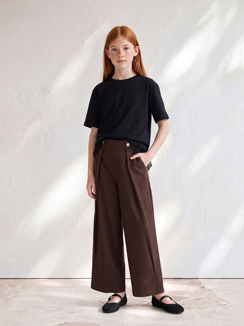 LCW Kids Kahverengi Loose Fit Kız Çocuk Poplin Pantolon