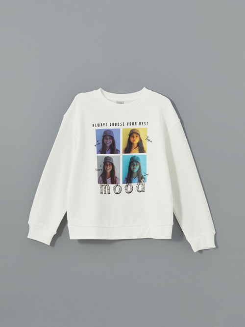 LCW Kids Beyaz Bisiklet Yaka Baskılı Kız Çocuk Sweatshirt