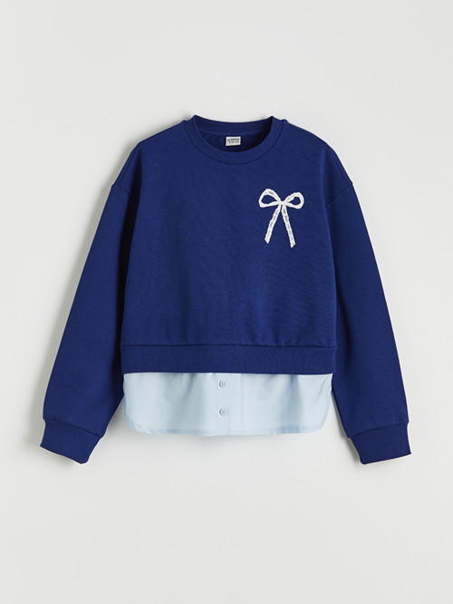 LCW Kids Lacivert Bisiklet Yaka Baskılı Kız Çocuk Kalın Sweatshirt