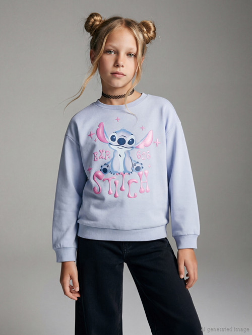 LCW Kids Mavi Stitch Baskılı Kız Çocuk Sweatshirt