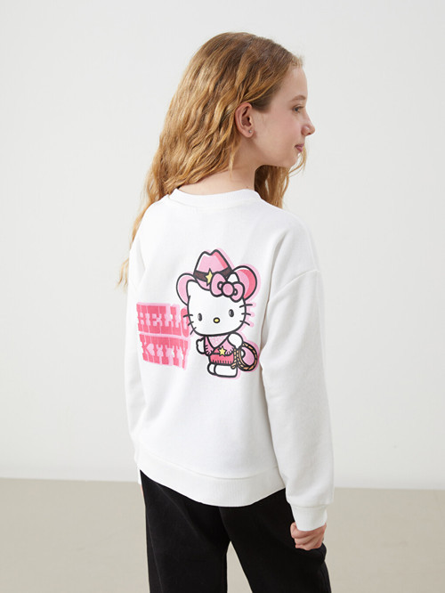 LCW Kids Ekru Bisiklet Yaka Hello Kitty Baskılı Kız Çocuk Sweatshirt