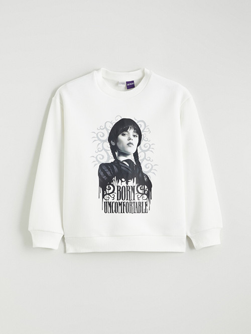 LCW Kids Beyaz Wednesday Baskılı Kız Çocuk Kalın Sweatshirt