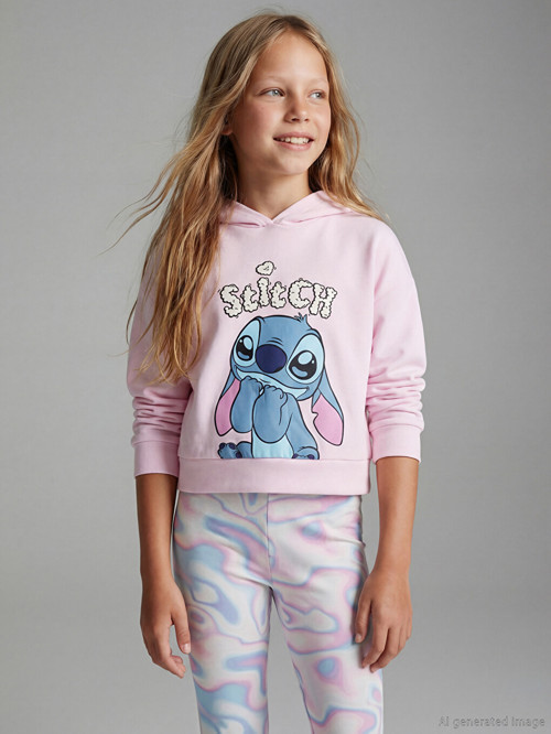 LCW Kids Pembe Kapüşonlu Stitch Baskılı Kız Çocuk Sweatshirt