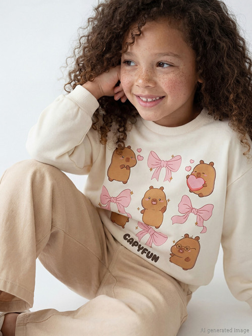 LCW Kids Ekru Bisiklet Yaka Capyfun Baskılı Kız Çocuk Sweatshirt