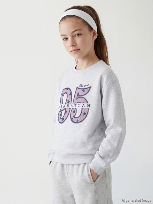 LCW Kids Gri Bisiklet Yaka New York Baskılı Kız Çocuk Kalın Sweatshirt