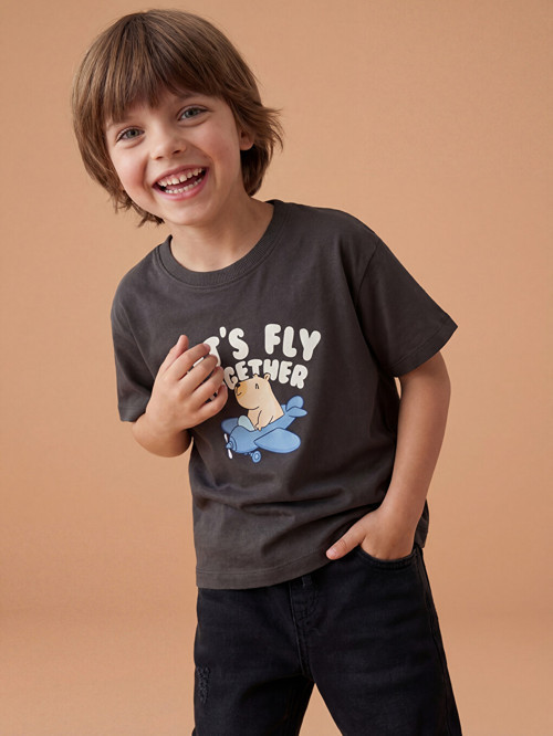 LCW Kids Kahverengi Bisiklet Yaka Baskılı Erkek Çocuk Tişört