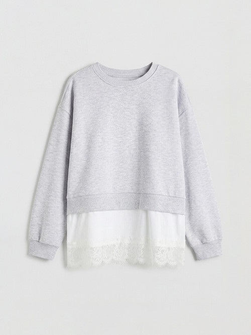 LCW Kids Gri Bisiklet Yaka Dantel Detaylı Kız Çocuk Sweatshirt