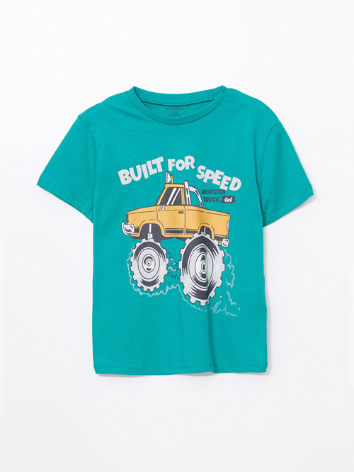 LCW Kids Yeşil Bisiklet Yaka Baskılı Erkek Çocuk Tişört