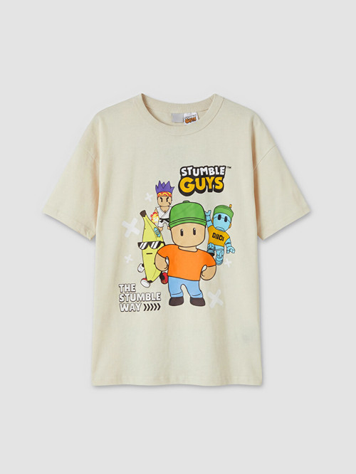 LCW Kids Bej Bisiklet Yaka Stumble Guys Baskılı Erkek Çocuk Tişört