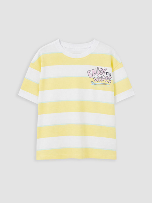 LCW Kids Beyaz Bisiklet Yaka Çizgili Erkek Çocuk Tişört