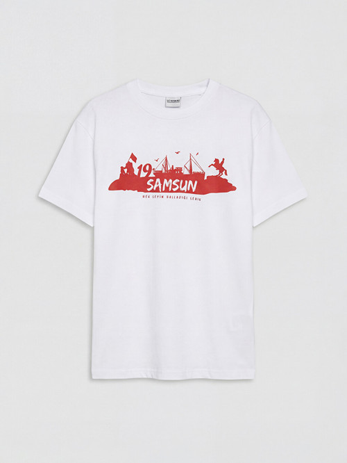 LCW Kids Beyaz Bisiklet Yaka Samsun Baskılı Erkek Çocuk Tişört