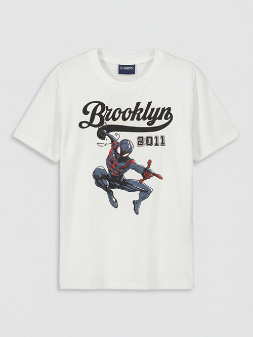 LCW Kids Beyaz Bisiklet Yaka Spider-Man Baskılı Erkek Çocuk Tişört