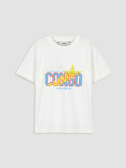 LCW Kids Beyaz Bisiklet Yaka Congo Baskılı Erkek Çocuk Tişört