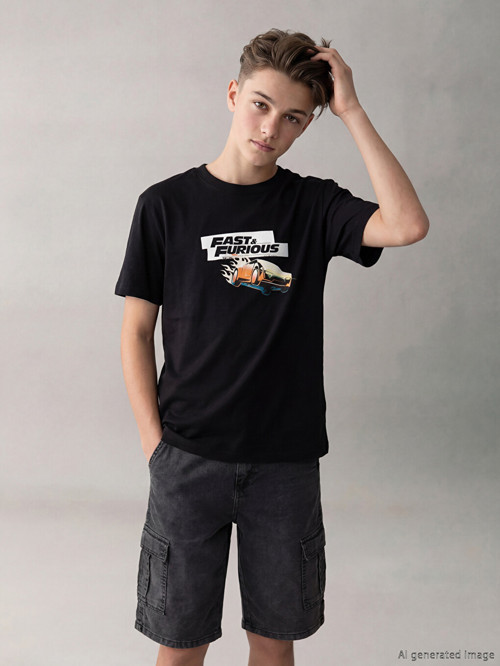LCW Kids Siyah Fast & Furious Baskılı Erkek Çocuk Tişört