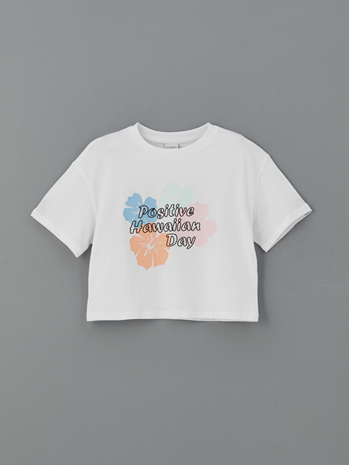 LCW Kids Beyaz Bisiklet Yaka Hawaiian Baskılı Kız Çocuk Tişört