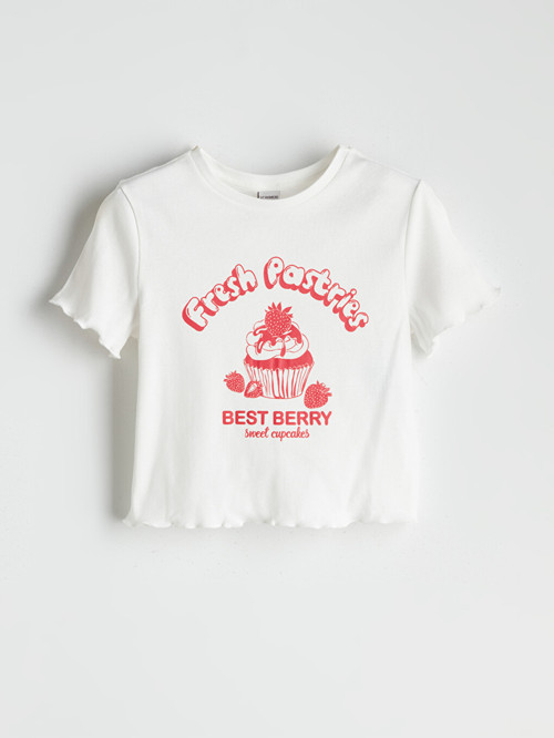 LCW Kids Beyaz Bisiklet Yaka Baskılı Kız Çocuk Tişört