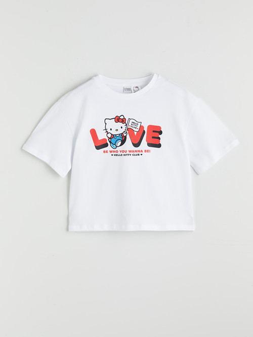 LCW Kids Beyaz Bisiklet Yaka Hello Kitty Baskılı Kız Çocuk Crop Tişört
