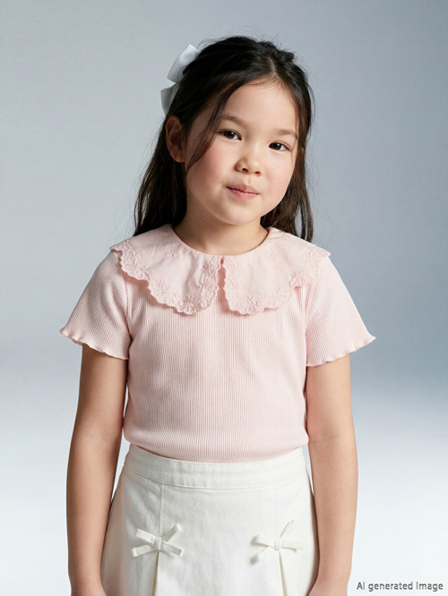 LCW Kids Pembe Bebe Yaka Nakışlı Kız Çocuk Fitilli Tişört