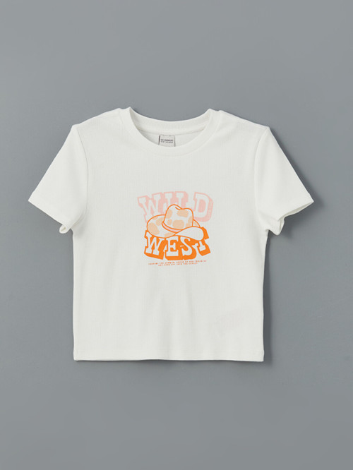 LCW Kids Ekru Bisiklet Yaka Kız Çocuk Crop Tişört