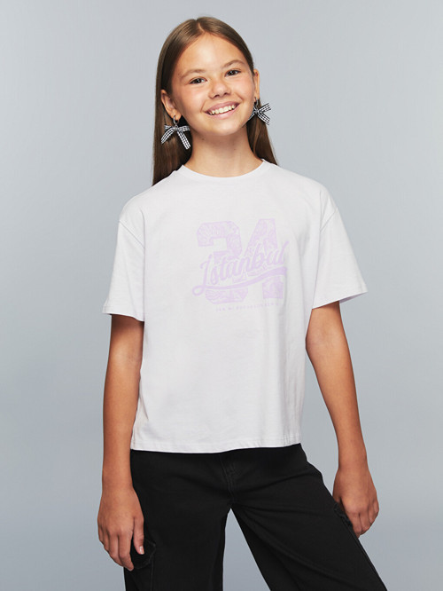 LCW Kids Lila Bisiklet Yaka İstanbul Baskılı Kız Çocuk Tişört