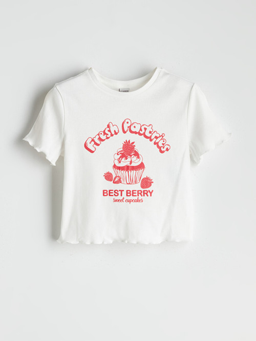 LCW Kids Beyaz Bisiklet Yaka Baskılı Kız Çocuk Tişört