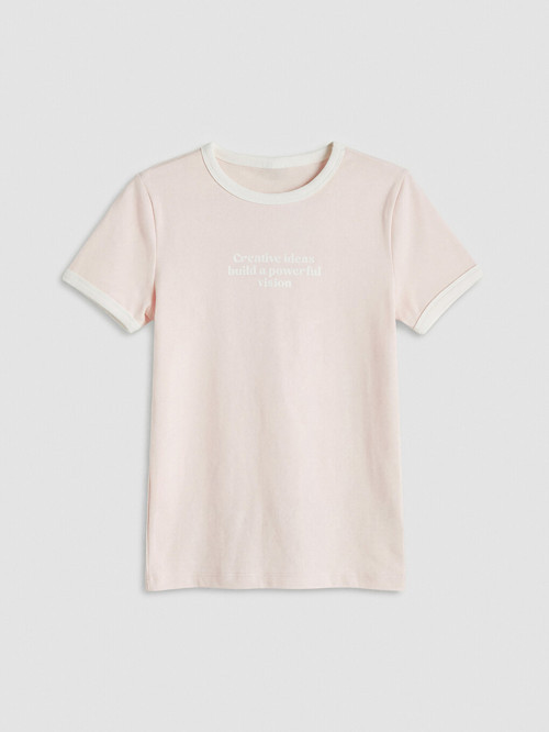 LCW Kids Pembe Bisiklet Yaka Baskılı Kız Çocuk Tişört
