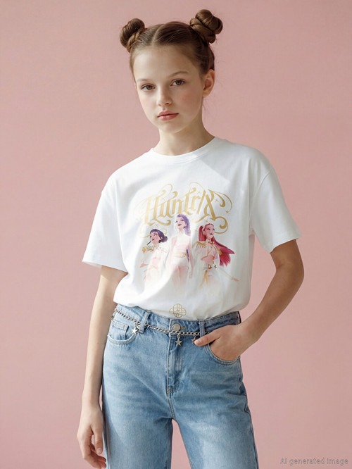 LCW Kids Beyaz K-Pop Demon Hunters Baskılı Kız Çocuk Tişört