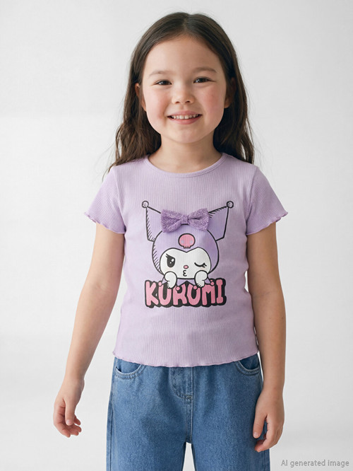 LCW Kids Lila Kuromi Baskılı Kız Çocuk Fitilli Tişört