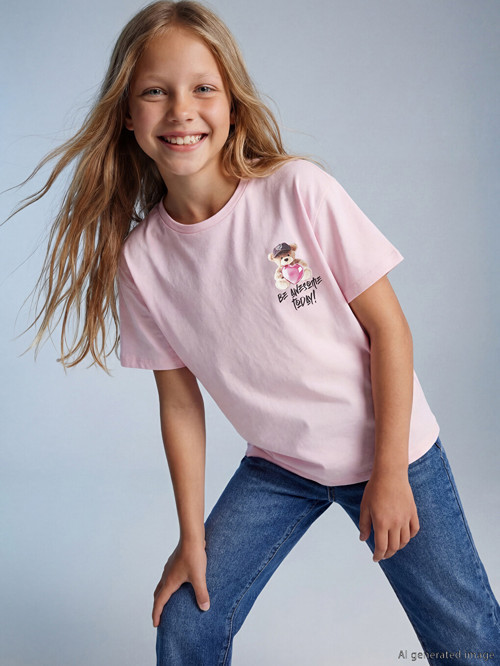LCW Kids Pembe Bisiklet Yaka Baskılı Kız Çocuk Tişört