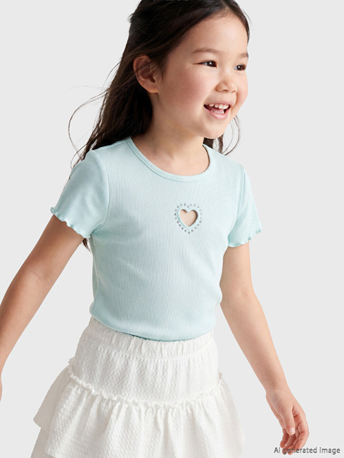 LCW Kids Turkuaz Bisiklet Yaka Nakışlı Kız Çocuk Fitilli Tişört