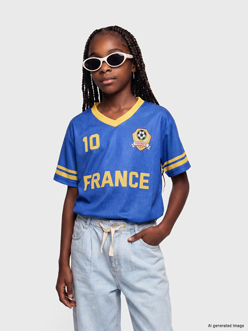 LCW Kids Mavi Fransa Baskılı Kız Çocuk Forma Tişört