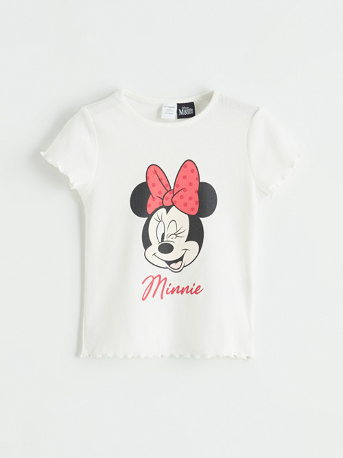LCW Kids Beyaz Bisiklet Yaka Minnie Mouse Baskılı Kız Çocuk Tişört