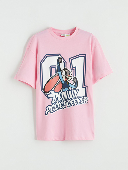 LCW Kids Pembe Bisiklet Yaka Zootopia Baskılı Kız Çocuk Tişört
