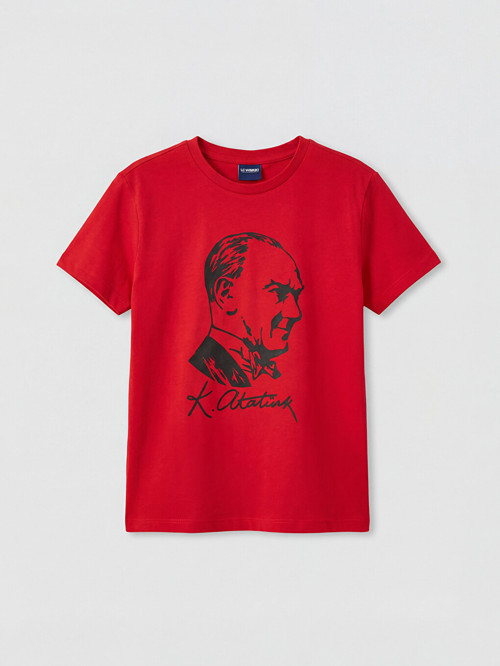 LCW Kids Kırmızı Bisiklet Yaka Atatürk Baskılı Kız Çocuk Tişört