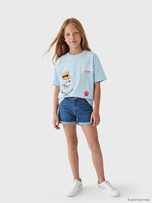 LCW Kids Mavi Ayı Teddy Baskılı Kız Çocuk Tişört