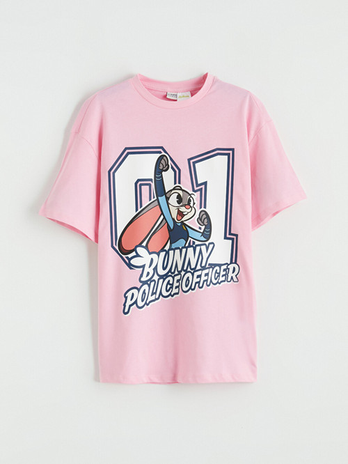 LCW Kids Pembe Bisiklet Yaka Zootopia Baskılı Kız Çocuk Tişört