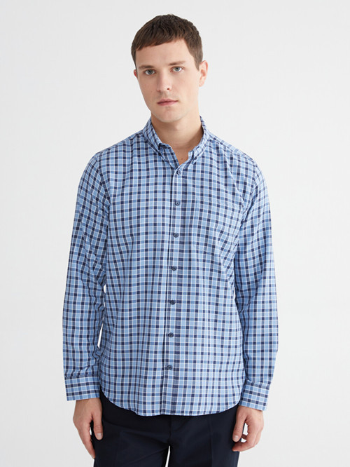 LCWAIKIKI Classic Mavi Regular Fit Ekose Gabardin Erkek Gömlek