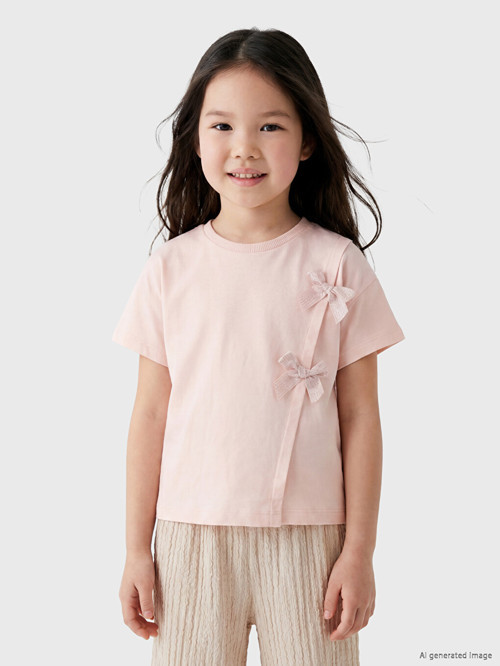 LCW Kids Pembe Bisiklet Yaka Fiyonk Detaylı Kız Çocuk Tişört
