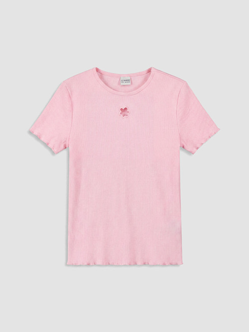 LCW Kids Pembe Bisiklet Yaka Çiçek Detaylı Kız Çocuk Tişört