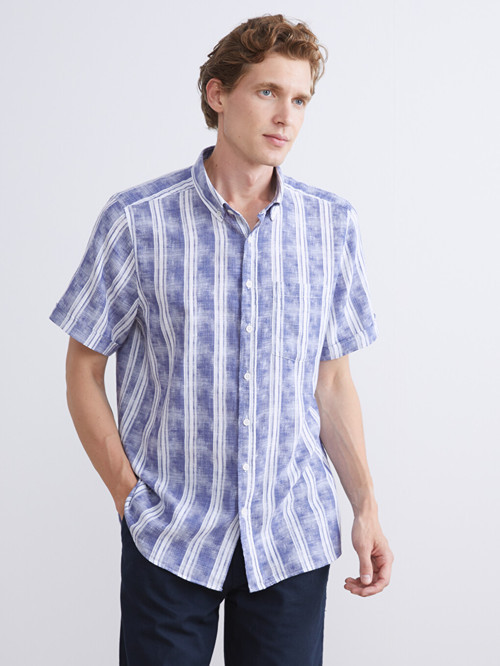 LCWAIKIKI Classic İndigo Regular Fit Kısa Kollu Çizgili Poplin Erkek Gömlek