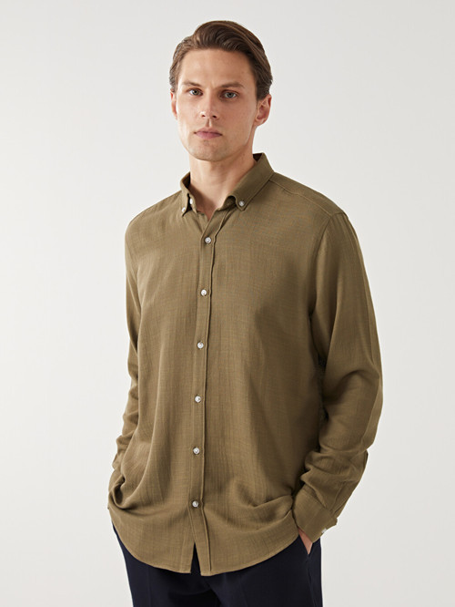 LCW Vision Yeşil Slim Fit Uzun Kollu Armürlü Erkek Gömlek