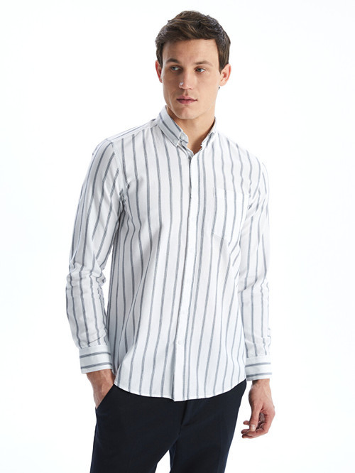 LCWAIKIKI Classic Beyaz Regular Fit Uzun Kollu Çizgili Erkek Gömlek
