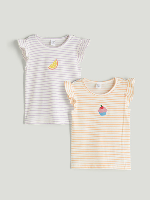 LCW Kids Mercan Bisiklet Yaka Çizgili Kız Çocuk Tişört 2'li