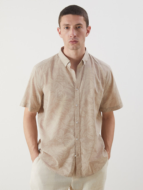 LCW Vision Bej Slim Fit Kısa Kollu Desenli Poplin Erkek Gömlek