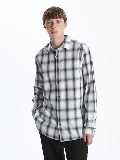 LCW Vision Siyah Regular Fit Uzun Kollu Ekose Gabardin Erkek Gömlek