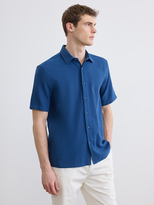 LCW Vision Mavi Regular Fit Keten Görünümlü Erkek Gömlek