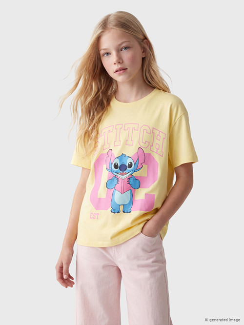 LCW Kids Sarı Stitch Baskılı Kız Çocuk Tişört