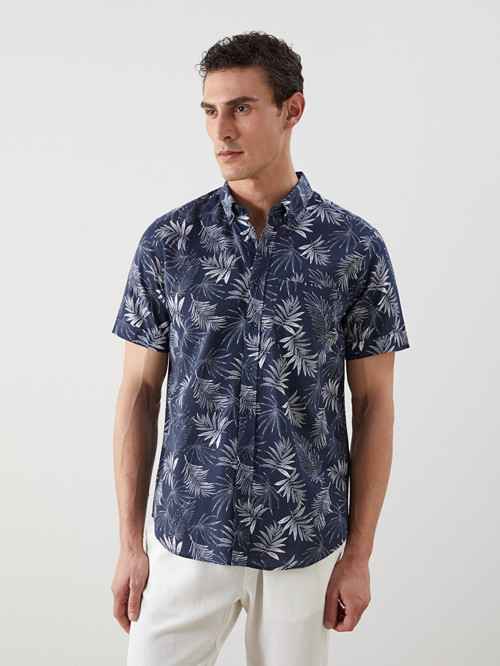 LCWAIKIKI Classic İndigo Regular Fit Kısa Kollu Desenli Poplin Erkek Gömlek