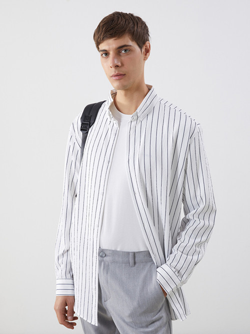 LCW Vision Beyaz Slim Fit Çizgili Erkek Gömlek